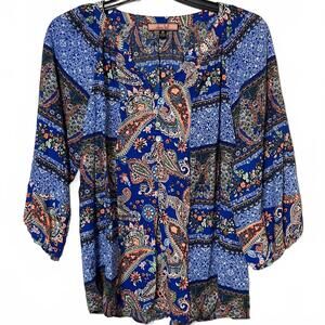 Olive Hill Women's Blue Lightweight Paisley Pattern 3/4 Sleeve Blouse Medium